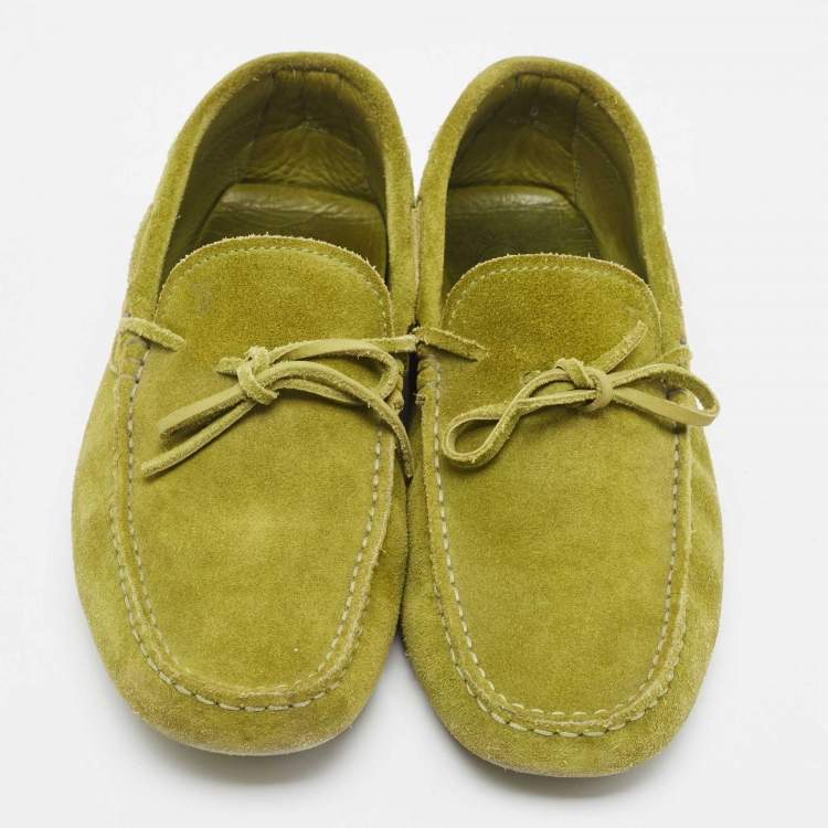 Pre Owned Tod's Olive Green Suede Bow Slip On Loafers Size 42