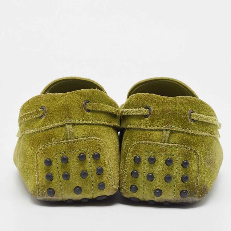 Pre Owned Tod's Olive Green Suede Bow Slip On Loafers Size 42