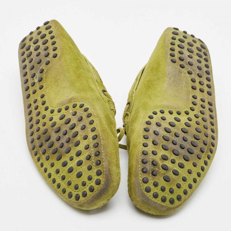 Pre Owned Tod's Olive Green Suede Bow Slip On Loafers Size 42