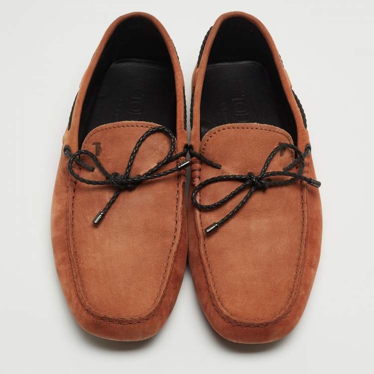 Pre Owned Tod's Brown Nubuck Leather Bow Slip On Loafers Size 42