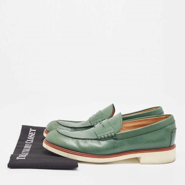 Pre Owned Tod's Olive Green Leather Penny Slip On Loafers Size 42.5