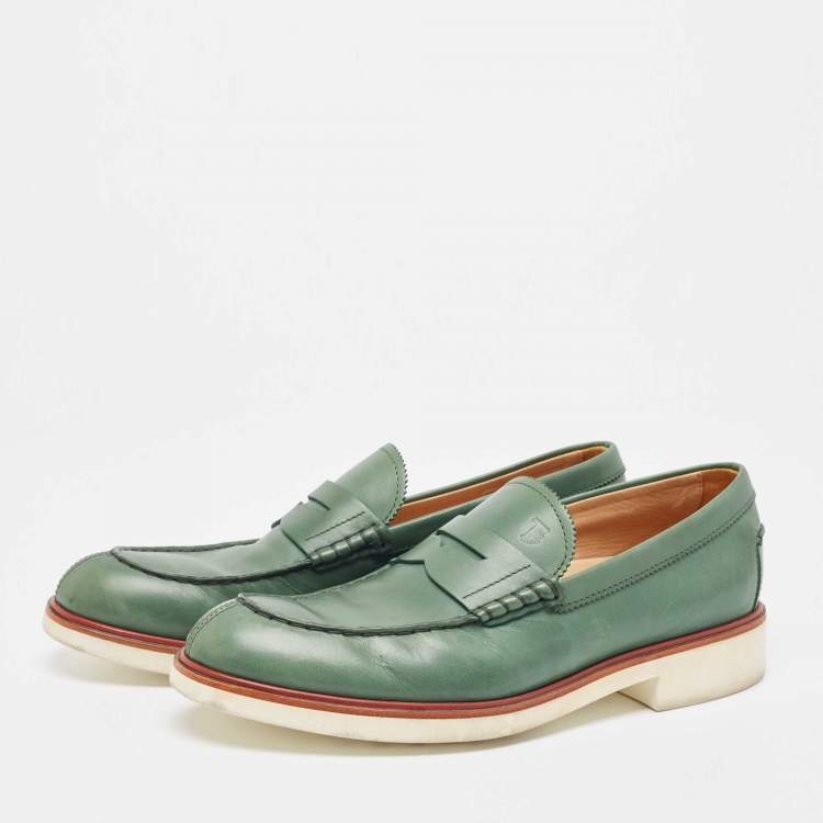 Pre Owned Tod's Olive Green Leather Penny Slip On Loafers Size 42.5