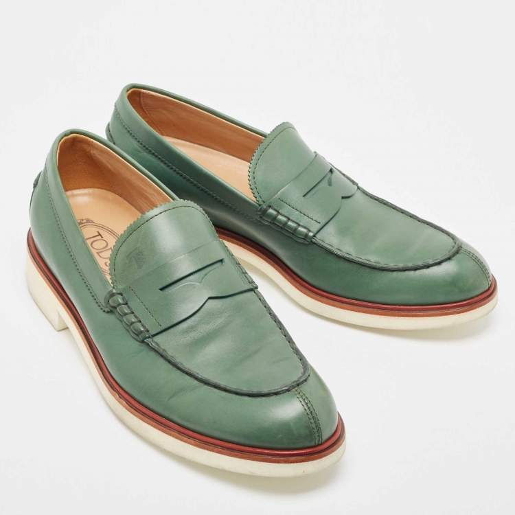 Pre Owned Tod's Olive Green Leather Penny Slip On Loafers Size 42.5