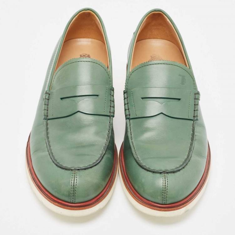 Pre Owned Tod's Olive Green Leather Penny Slip On Loafers Size 42.5