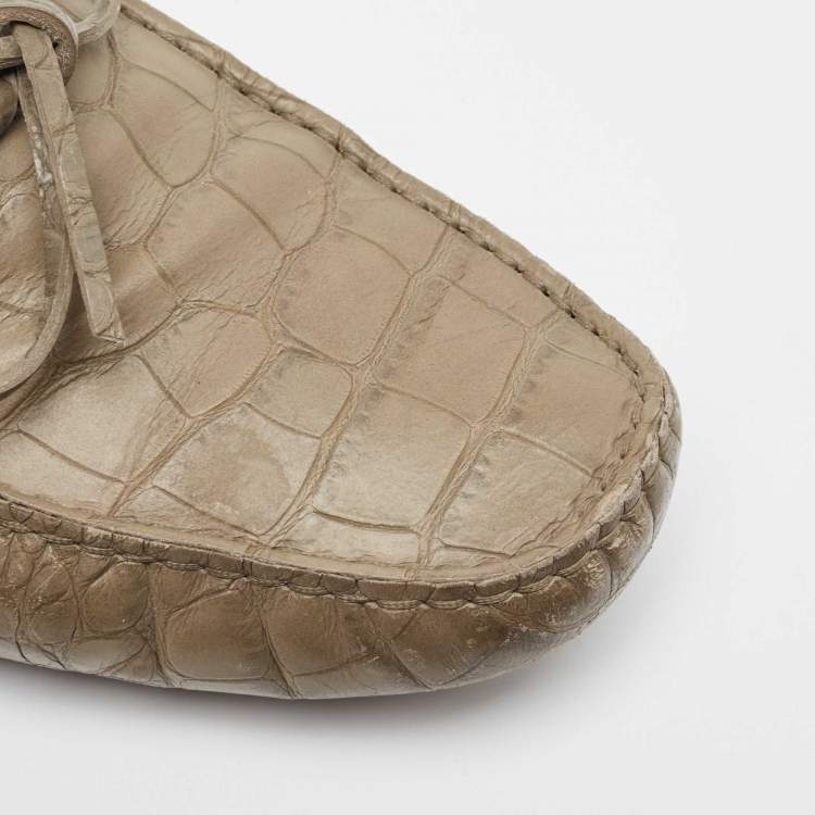 Pre Owned Tod's Olive Green Croc Embossed Leather Bow Slip On Loafers Size 43