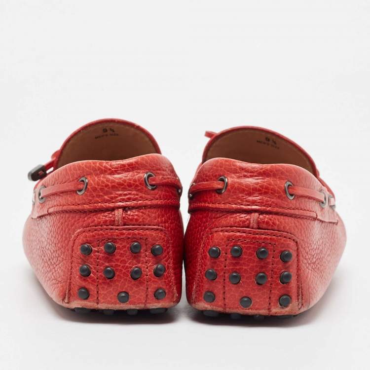 Pre Owned Tod's Red Leather Bow Slip On Loafers Size 44