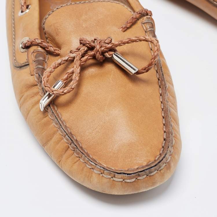 Pre Owned Tod's Light Brown Leather Gommino Braided Bow Slip On Loafers Size 40