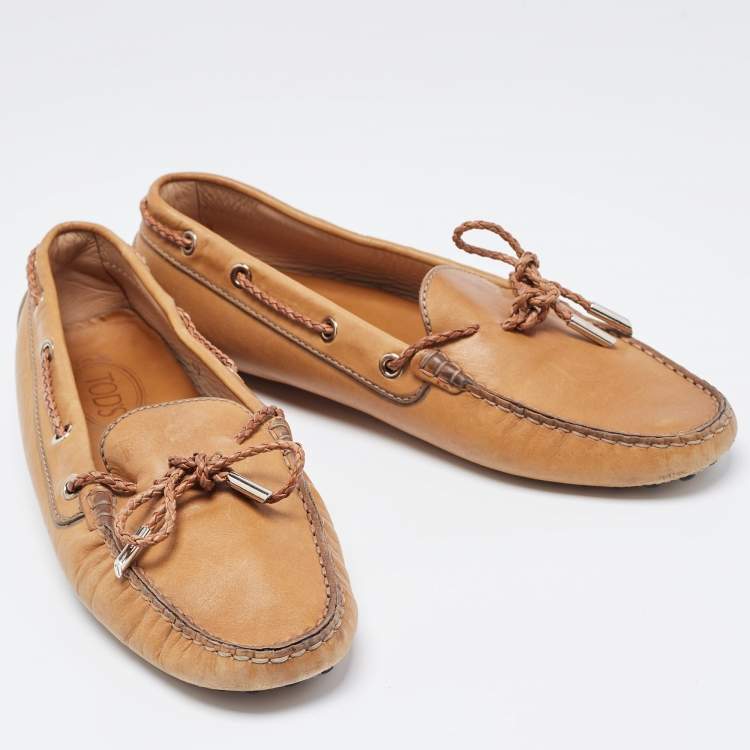 Pre Owned Tod's Light Brown Leather Gommino Braided Bow Slip On Loafers Size 40