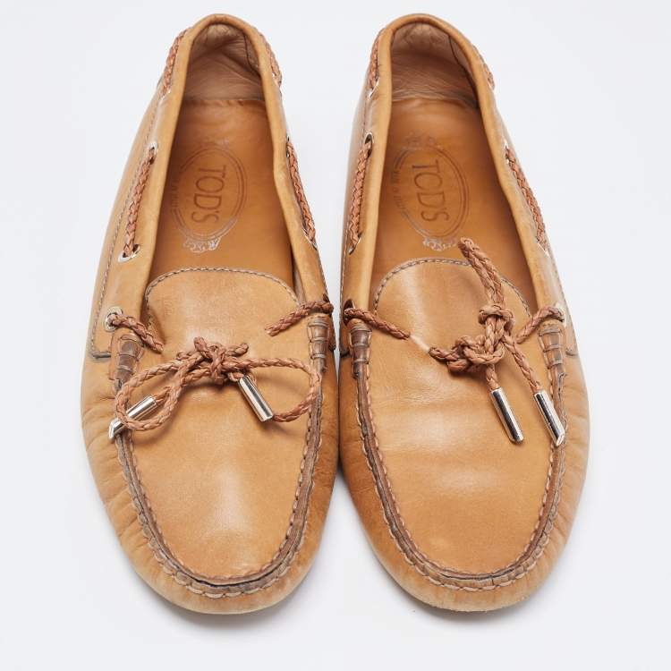Pre Owned Tod's Light Brown Leather Gommino Braided Bow Slip On Loafers Size 40