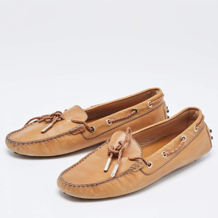 Pre Owned Tod's Light Brown Leather Gommino Braided Bow Slip On Loafers Size 40