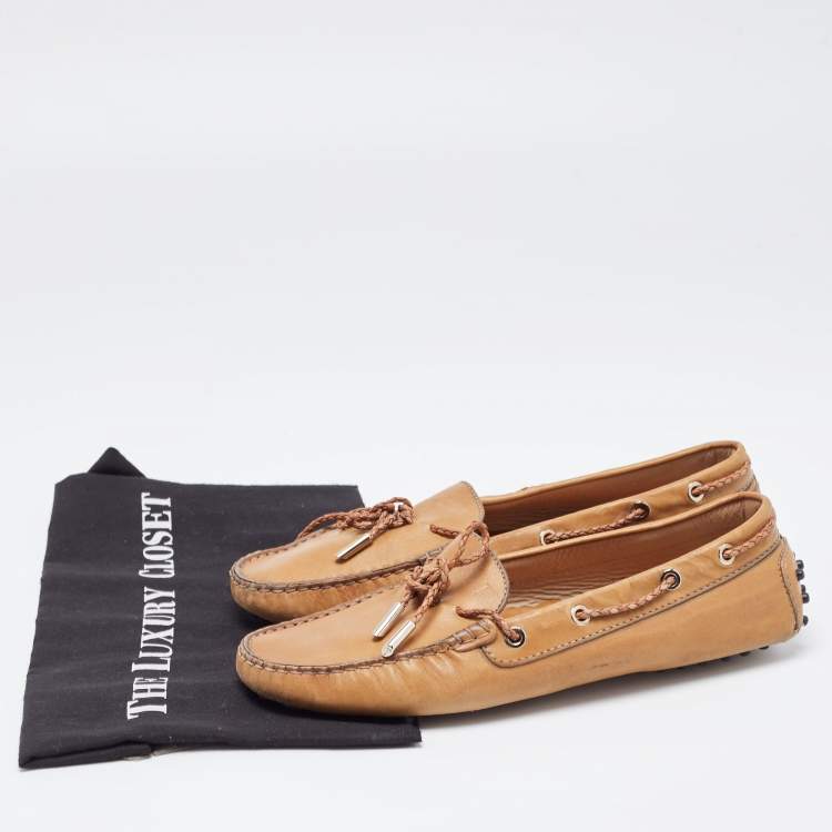 Pre Owned Tod's Light Brown Leather Gommino Braided Bow Slip On Loafers Size 40