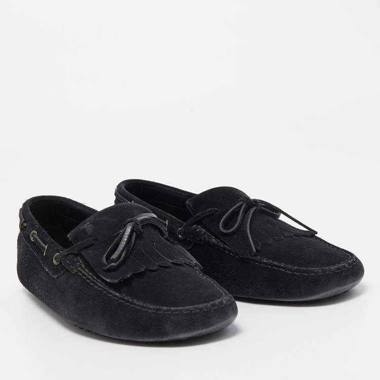 Pre Owned Tod's Black Suede Bow Fringe Loafers Size 43