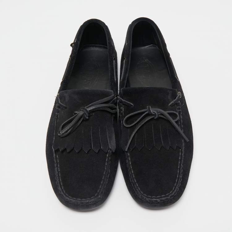 Pre Owned Tod's Black Suede Bow Fringe Loafers Size 43