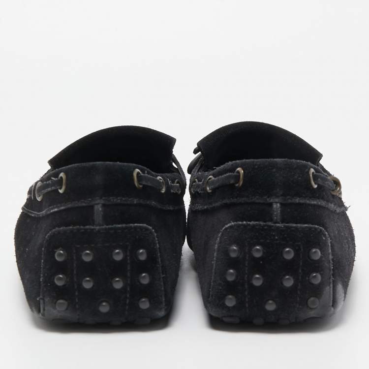 Pre Owned Tod's Black Suede Bow Fringe Loafers Size 43