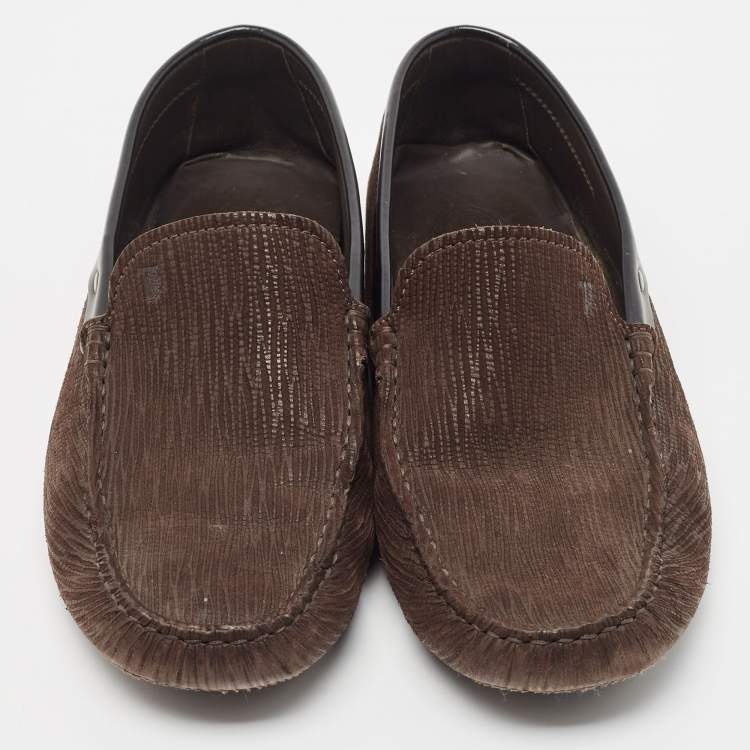 Pre Owned Tod's Dark Brown Textured Leather Gommino Loafers Size 42.5