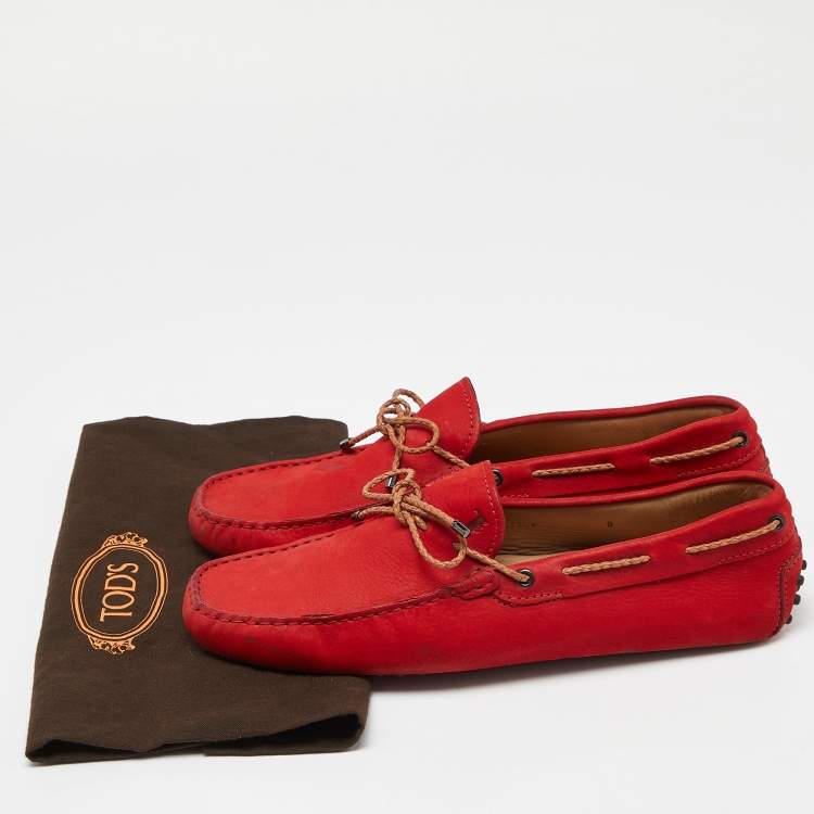 Pre Owned Tod's Red Nubuck Leather Bow Slip On Loafers Size 43