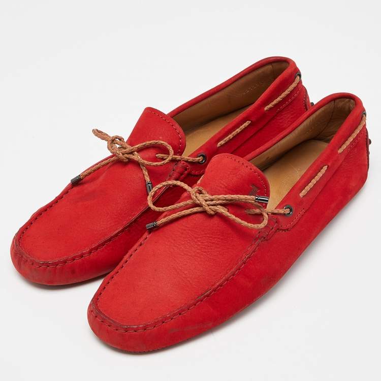 Pre Owned Tod's Red Nubuck Leather Bow Slip On Loafers Size 43