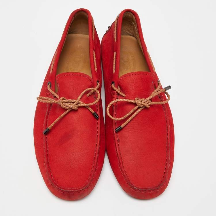 Pre Owned Tod's Red Nubuck Leather Bow Slip On Loafers Size 43