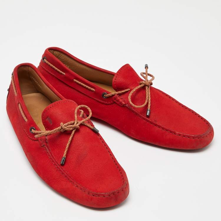 Pre Owned Tod's Red Nubuck Leather Bow Slip On Loafers Size 43