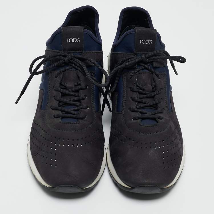 Pre Owned Tod's Blue Nubuck Leather and Fabric Perforated Lace Up Sneakers Size 41