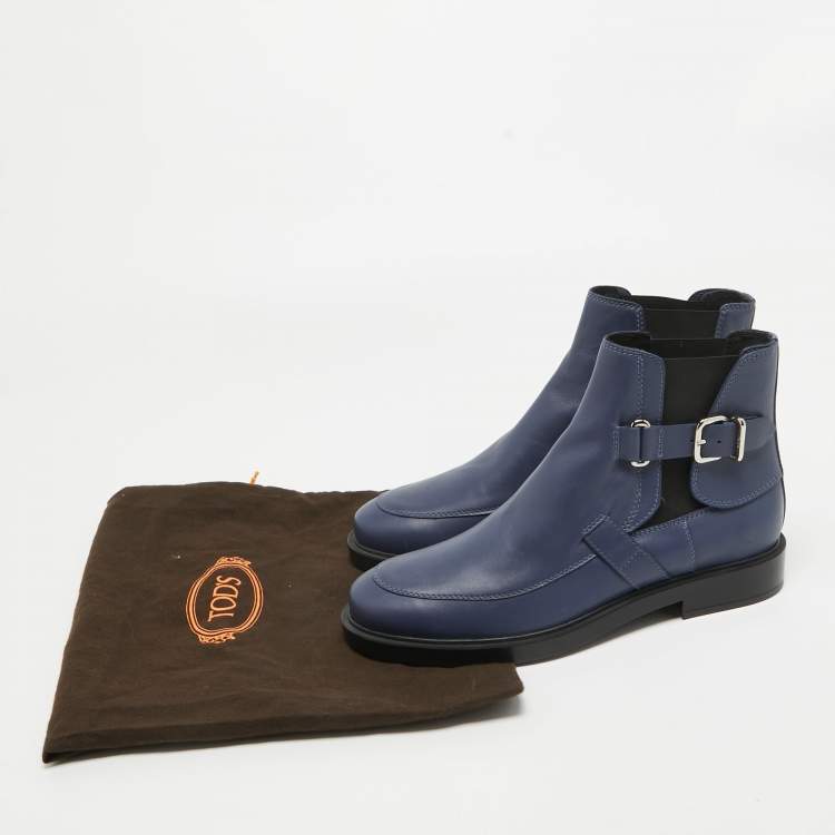 مملوكة مسبقًا Tod's Blue Leather Buckle Detail Ankle Length Boots Size 39.5