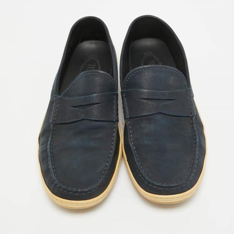 Pre Owned Tod's Blue Nubuck Leather Penny Slip On Loafers Size 41.5