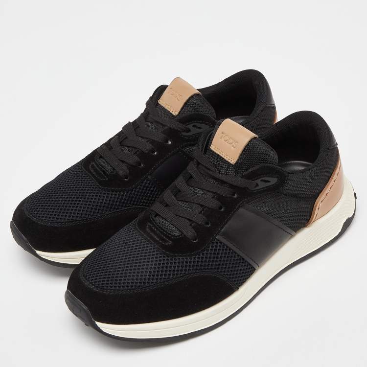 Pre Owned Tod's Black/Tan Leather and Mesh Lace Up Sneakers Size 45.5