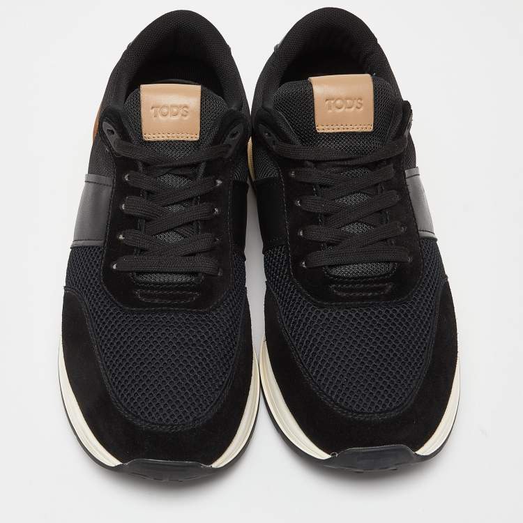 Pre Owned Tod's Black/Tan Leather and Mesh Lace Up Sneakers Size 45.5