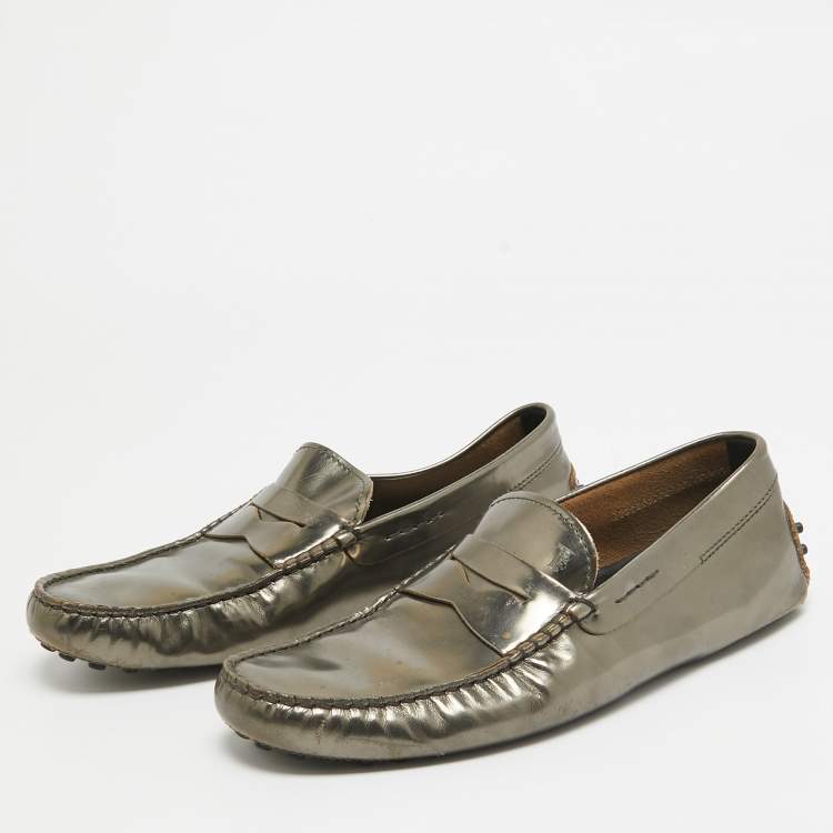 Pre Owned Tod's Metallic Green Leather Penny Slip On Loafers Size 41