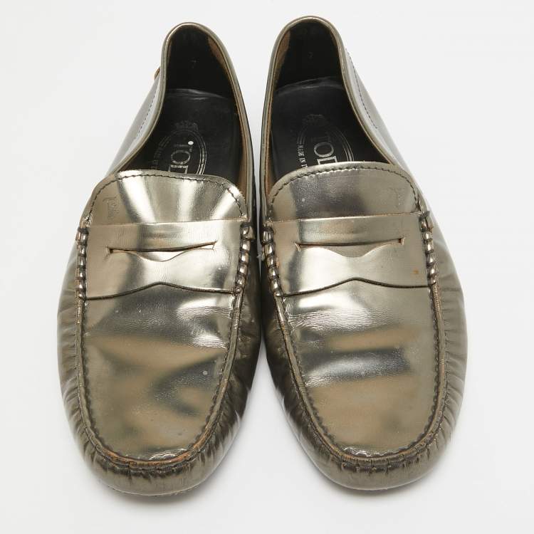 Pre Owned Tod's Metallic Green Leather Penny Slip On Loafers Size 41