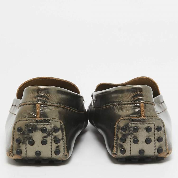 Pre Owned Tod's Metallic Green Leather Penny Slip On Loafers Size 41