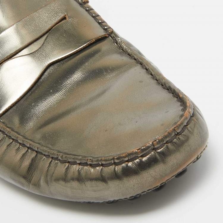 Pre Owned Tod's Metallic Green Leather Penny Slip On Loafers Size 41