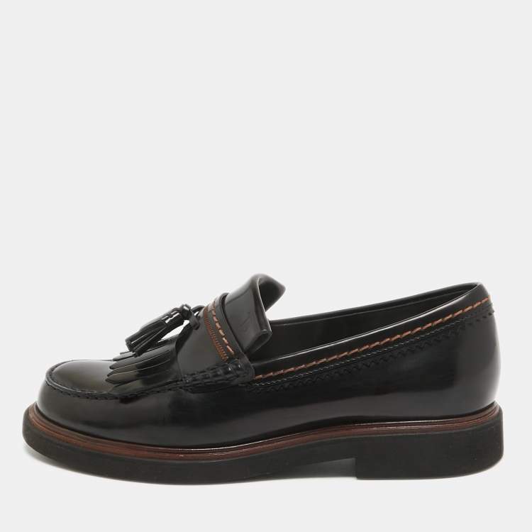 Pre Owned Tod's Black Leather Tassel Fringe Detail Loafers Size 39.5