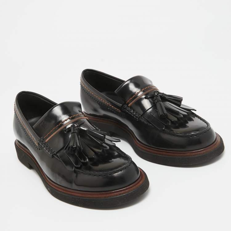 Pre Owned Tod's Black Leather Tassel Fringe Detail Loafers Size 39.5