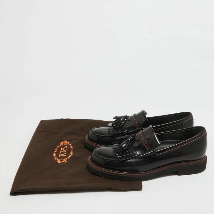 Pre Owned Tod's Black Leather Tassel Fringe Detail Loafers Size 39.5