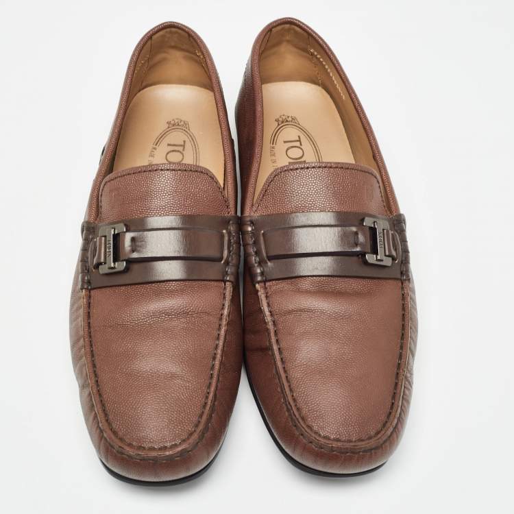 Pre Owned Tod's Brown Leather Buckle Detail Slip On Loafers Size 41.5 