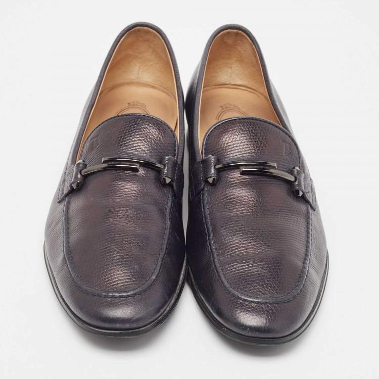 Pre Owned Tod's Black Navy Blue Leather Double T Buckle Slip On Loafers Size 42