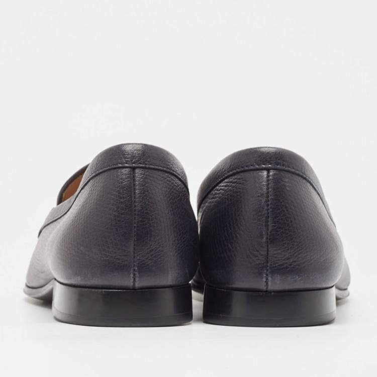 Pre Owned Tod's Black Navy Blue Leather Double T Buckle Slip On Loafers Size 42