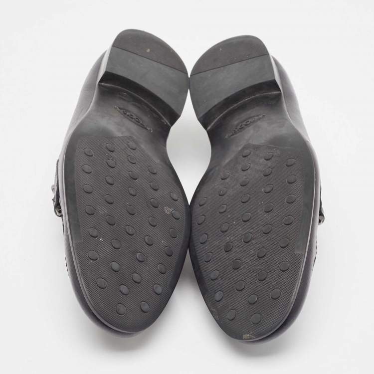 Pre Owned Tod's Black Navy Blue Leather Double T Buckle Slip On Loafers Size 42