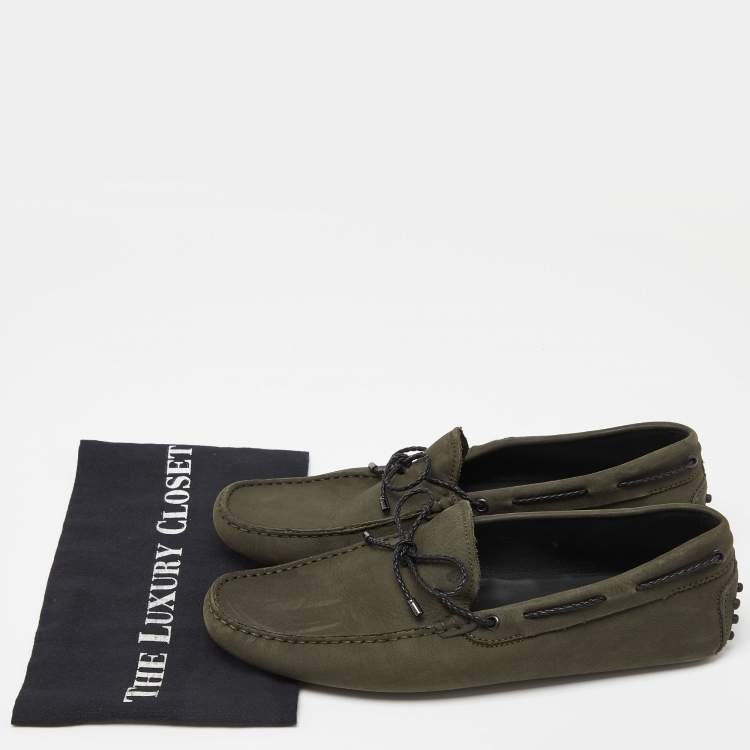 مملوكة مسبقًا Tod's Olive Green Nubuck Leather Bow Loafers Size 43