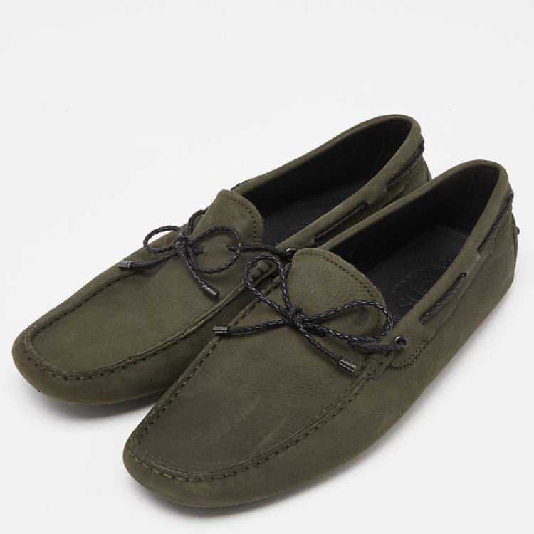 مملوكة مسبقًا Tod's Olive Green Nubuck Leather Bow Loafers Size 43