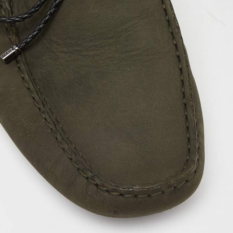 مملوكة مسبقًا Tod's Olive Green Nubuck Leather Bow Loafers Size 43