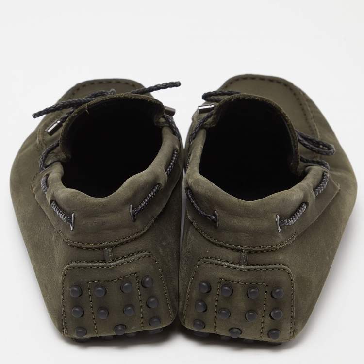 مملوكة مسبقًا Tod's Olive Green Nubuck Leather Bow Loafers Size 43