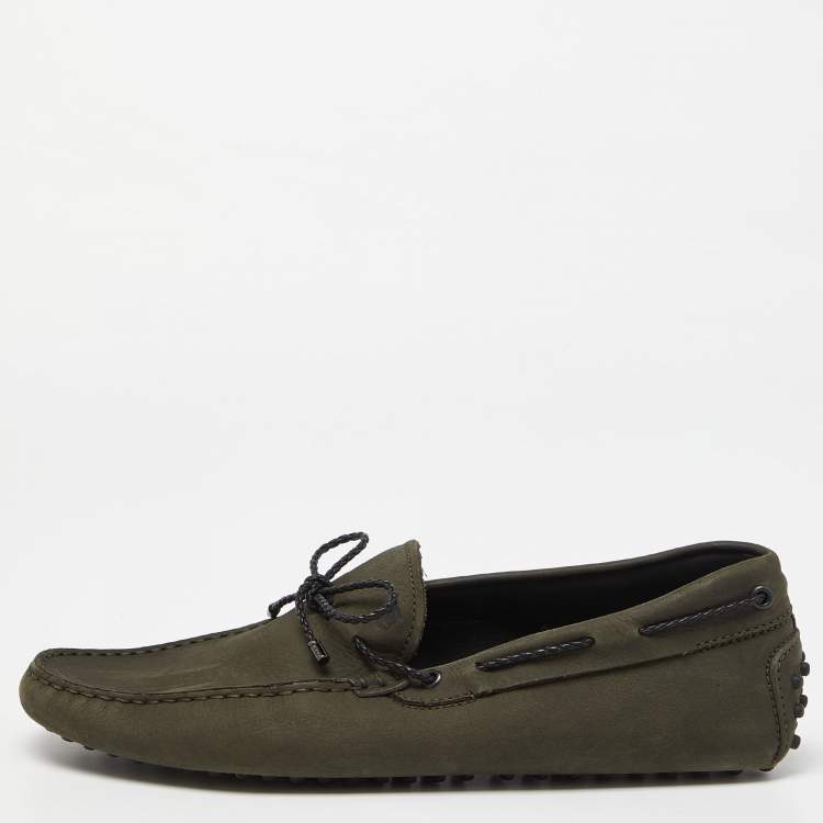 مملوكة مسبقًا Tod's Olive Green Nubuck Leather Bow Loafers Size 43