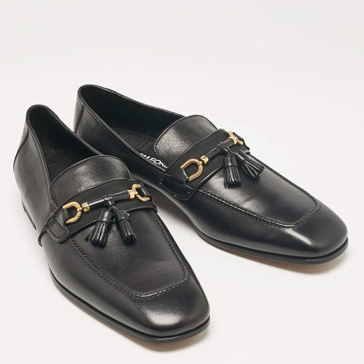 Pre Owned Tom Ford Black Leather Fringe Slip On Loafers Size 44