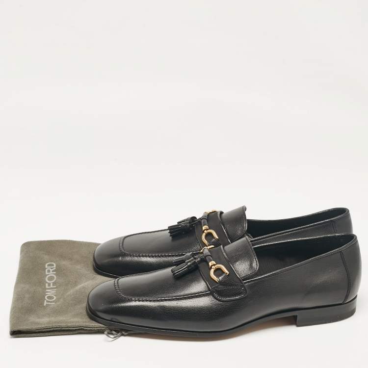 Pre Owned Tom Ford Black Leather Fringe Slip On Loafers Size 44