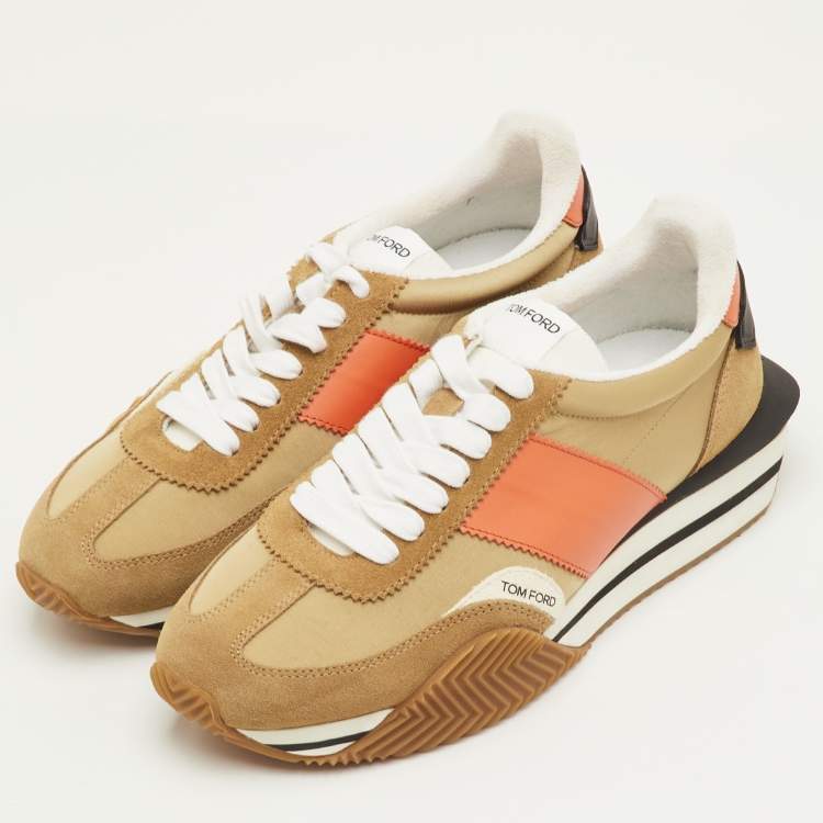 مملوكة مسبقًا Tom Ford James Size 42 Brown/Orange Canvas and Suede Low Top Sneakers
