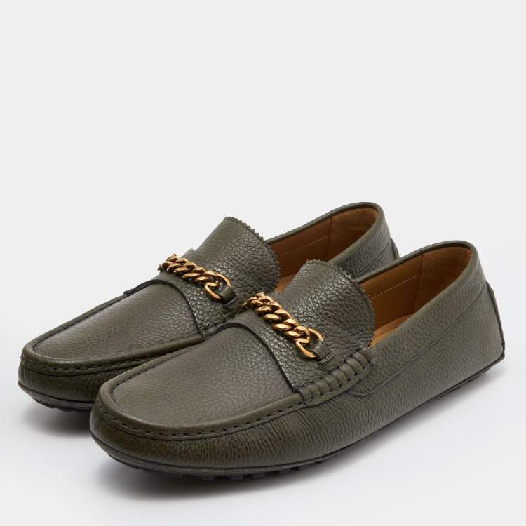 Pre Owned Tom Ford Olive Green Leather Chain Link Slip On Loafers Size 43