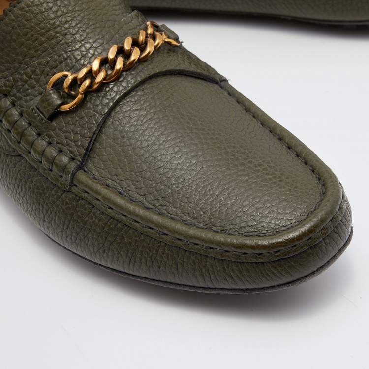 Pre Owned Tom Ford Olive Green Leather Chain Link Slip On Loafers Size 43