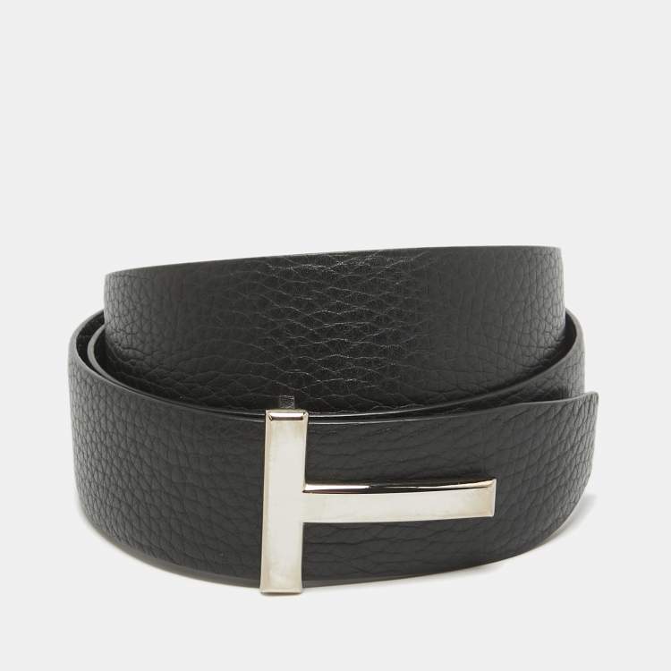 Pre Owned Tom Ford Black/Navy Blue Leather T Icon Reversible Belt 110 CM
